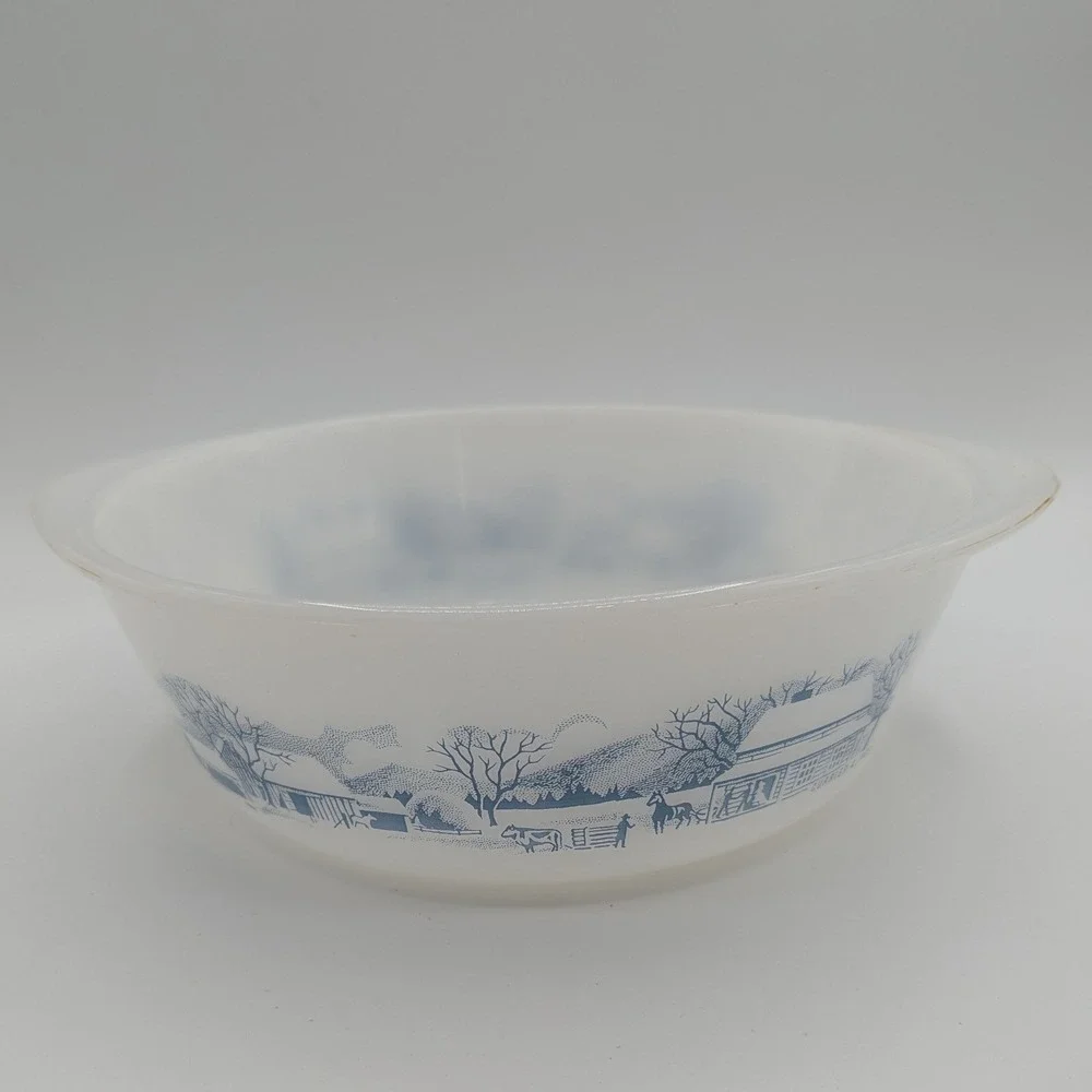 Glasbake Currier & Ives Blue Milk Glass Round Casserole Dish J-514 2 QT USA